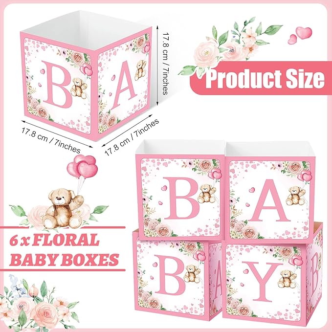Bucherry 6 Pcs Baby Shower Centerpieces with Letters, 7" Baby Blocks Flower Boxes for Table Decorations, Gender Reveal Party Supplies & Photo Props(Pink,Pink Bear)