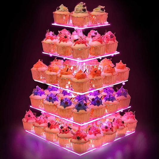 YestBuy Cupcake Stand with Pink Lights – 5 Tier Premium Cupcake Holder – Acrylic Cupcake Tower Display Stand – Cady Bar Party Décor –Acrylic Display for Pastry + LED Light String – Ideal for Weddings, Birthday (Pink)