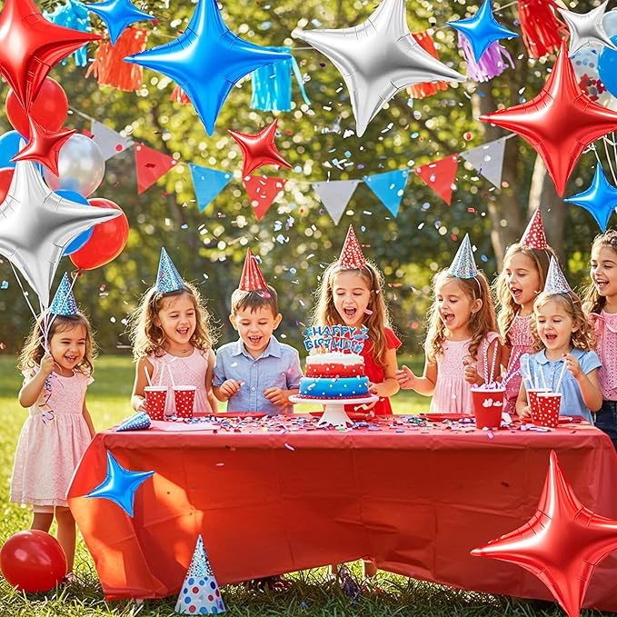 TONIFUL 30Pcs 26In&10In Star Balloons Blue Silver Red Four Pointed Foil Mini Star Mylar Balloons for Birthday Wedding Baby Shower Anniversary Engagement Independence Day Party Decor Supplies