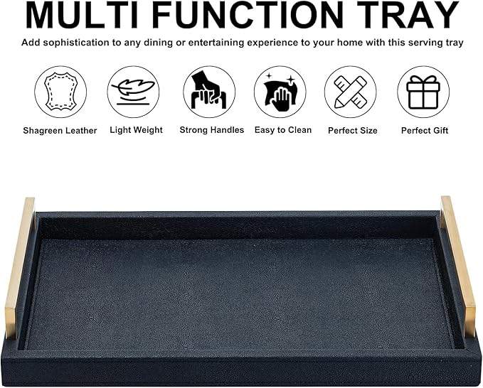 XIGEXIGE Black Faux Leather Serving Tray, 17x12 inches, Brushed Gold Handles, Decorative Tray for Ottoman Coffee Table, Living Room, Kitchen, Bathroom