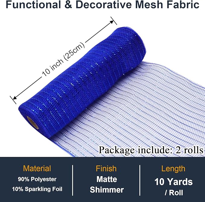 2 Pcs Deco Mesh Ribbon Rolls 10 Inch 10 Yards(30 ft) Decorative Mesh Fabric with Foil for Wreaths Christmas Tree Ribbon Door DIY Craft Halloween Decor Wedding Party Supplies (Royal Blue, 2Pcs)