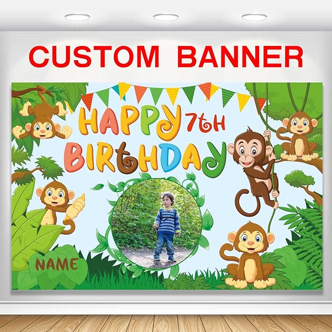 Custom Monkey Jungle Safari Happy Birthday Party Decorations Supplies Personalized Monkey Jungle Safari Green Birthday Backdrop Banner(4x6ft)