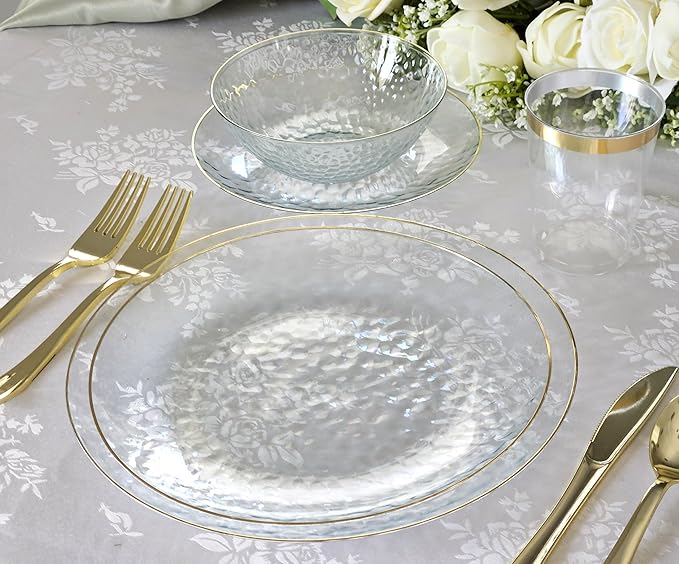 " OCCASIONS " 240 Plates Pack,(120 Guests) Heavyweight Premium Disposable Plastic Plates Set -120 x 10'' Dinner + 120 x 7'' Salad / Dessert (Coastal Clear & Gold)