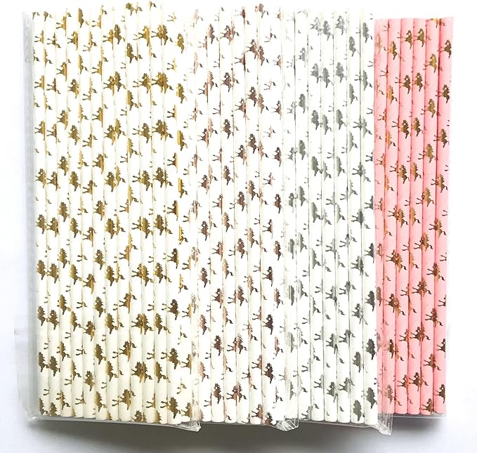 100 pcs Mixed Biodegradable Party Paper Straws, Pink Metallic Golden Rose Gold Silver Foil Pony Drinking Straws Bulk, Kentucky Horse Derby Baby Shower Birthday Wedding Cake Pop Sticks (Carousel Horse)
