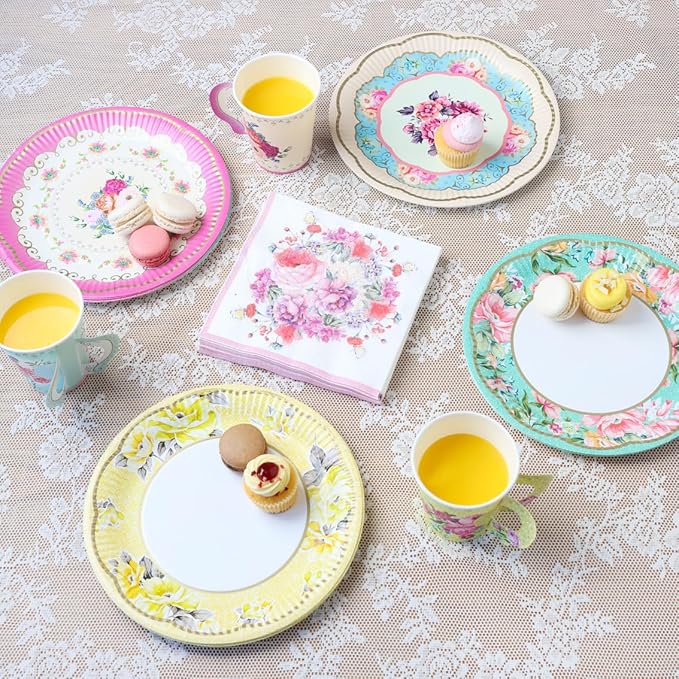Talking Tables 50pcs Floral Tea Party Decorations for Mother's Day Decorations for 16 Guests, Disposable Tableware Set, Paper Plates, Teacups, Napkins & Bunting for Bridgerton Birthday Decor