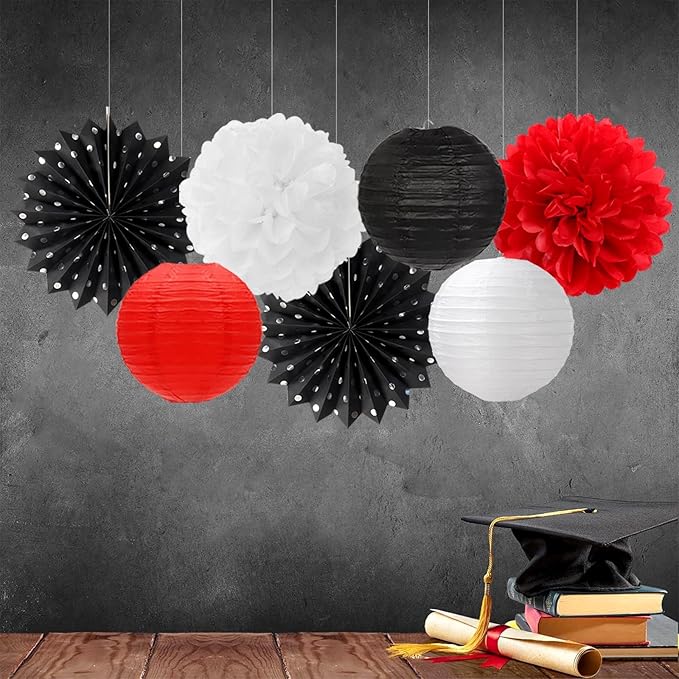 Black White-Red Party-Decorations Streamers Lanterns - 14pcs Birthday Graduation 2026 Paper Honeycomb Fan,Tissue Pom Poms,Men Women Wedding Baby Shower Backdrop Supplies Decor Ouruola