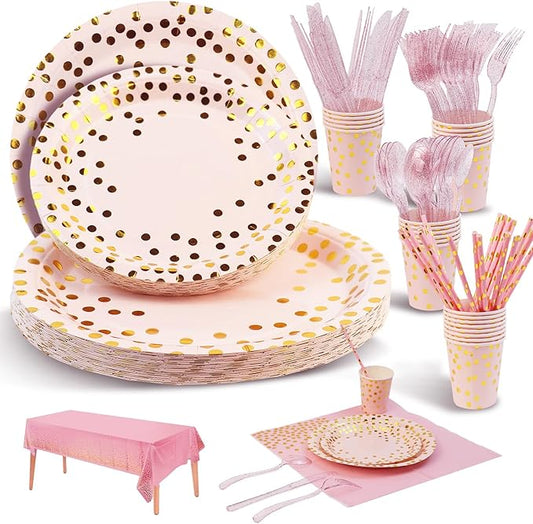 Party Supplies 201pcs Pink & Gold Plates and Napkins Sets - Disposable Dinnerware Sets for 25 Guests with Paper Plates Cups Straws Plastic Cutlery 1 Tablecloth - Bridal Shower Birthday Wedding