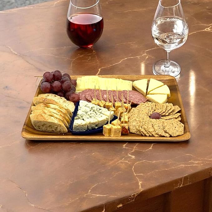 Acacia Wood Dinner Serving Tray Set of 2 – Size: Lg 14" x 10", Med 12" x 8", Richly Grained, Decorative Coffee Table, Ottoman, Food, Drink, Breakfast, Appetizer, Candle Display Trays, Joint-Free