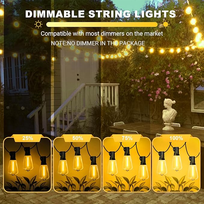 LAMPHOME 4-Pack 26Ft ST38 Outdoor String Lights, Warm Yellow Edison LED Patio Lights with 12+1 Shatterproof Bulbs, Waterproof for Bistro Christmas Party Garden Decor