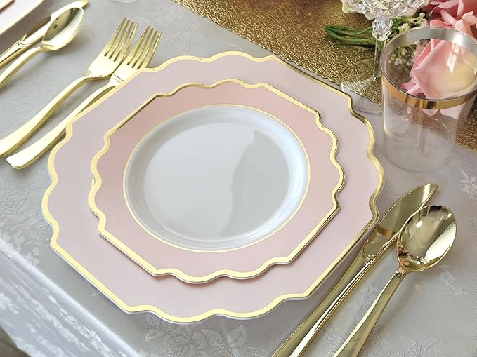" OCCASIONS " 640 Piece set (80 Guests)-Heavyweight Wedding Party Disposable Plastic Plate Set - 80 x 10.5'' + 80 x 8'' + Silverware + Cups + Napkins (Imperial in Blush Pink & Gold)