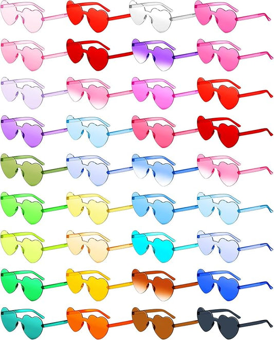Cindeer 60 Pairs Heart Sunglasses Frameless Heart Shaped Sunglasses Bulk Transparent Candy Color Trendy Fun Rimless Glasses for Women Party Favor, 30 Colors