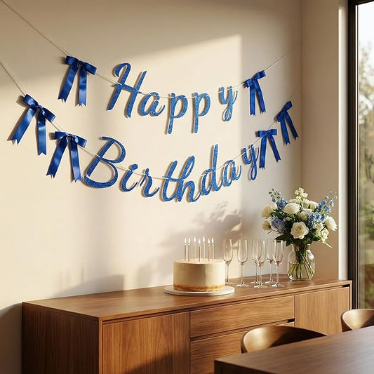 Happy Birthday Banner, Pre-Strung Blue Glitter Birthday Sign with Satin Bows, Pre-Assembled Adjustable Birthday Party Decorations for Women Men Kids Adults, Indoor Outdoor Milestone Birthday Party Supplies