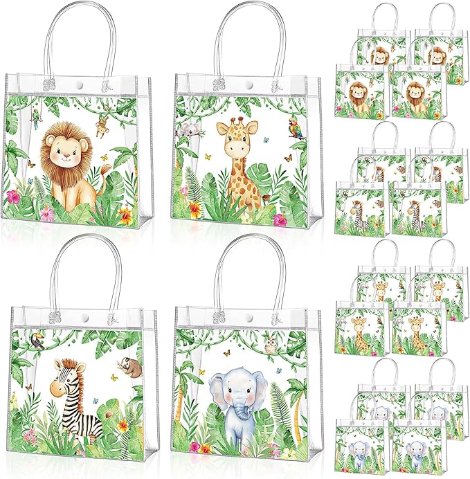 Aliceset 20 Pcs Jungle Safari Animals Party Goodie Bags with Handles Safari Animals Party Candy Bags Wilds Zoo Themed Favors for Birthday Baby Shower Decoration Supplies, 8x8x3.15 Inch