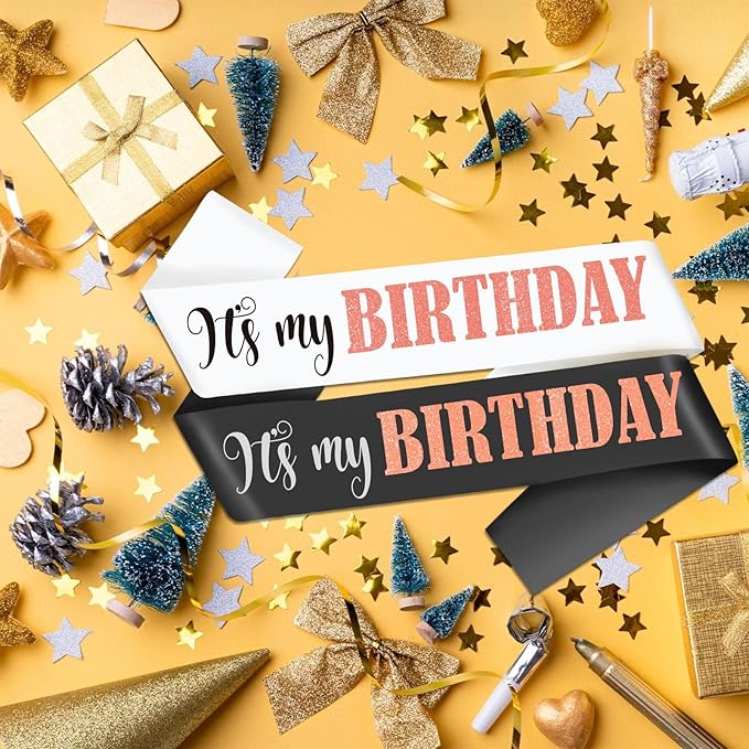 It's My Birthday Sash with Glitter Rose Gold, Black and White Birthday Sashes Decorations for Girls women and Men 16th 18th 21st 30th 40th 50th 60th or Any Birthday Party Supplies Gifts