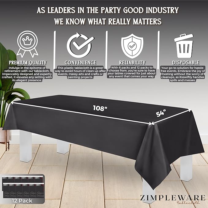 ZIMPLEWARE Premium Dark Grey Plastic Table Cloth Disposable (12 Pk) Plastic Tablecloths for Rectangle Tables (54in x 108in) Party Table Cloths Disposable for 6ft to 8ft Rectangle Tables