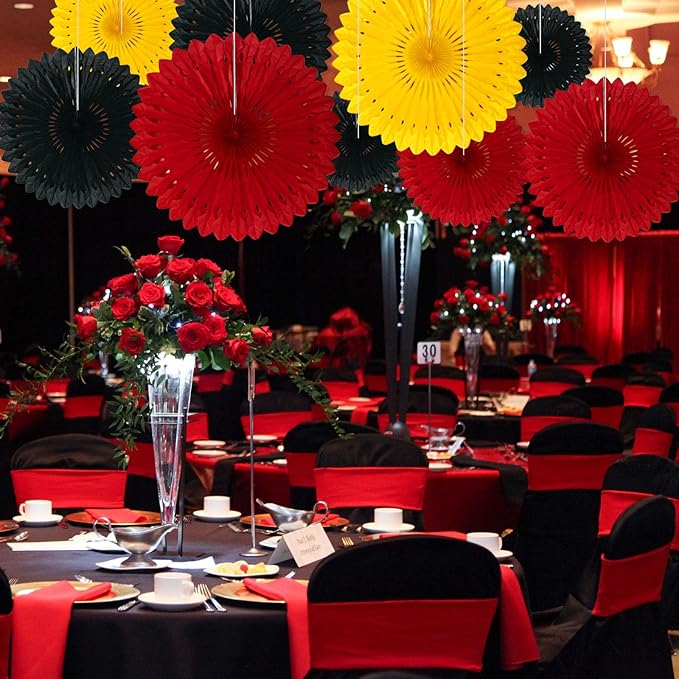 18 Pcs Black Red Yellow Hanging Honeycomb Paper Fans, Round Paper Fan Decorations for Weddings, Birthdays, Bachelorette, Photo Booth Backdrops, Baby Shower, Anniversary Events Party Supplies