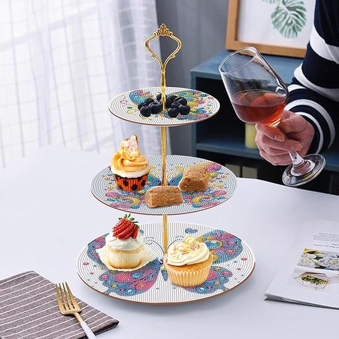 3 Tier Wooden Diamond Art Painting Cake Cupcake Display Stand Round Cupcake Stand Dessert Tower Pastry Tray Platter for Tea Party Wedding Birthday-Butterfly