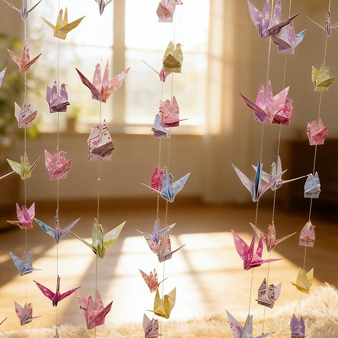 Pink Cherry Blossom Crane Paper Hanging Garland(3stringsX 5.2ft), Japanese Origami Bird Streamers, Sakura Flower for Bridal Shower, Baby Shower Birthday Party Supplies. Garden Ceiling Decor