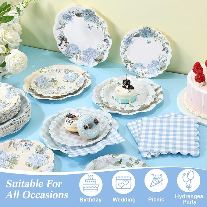 144 Pcs 48 Guests Hydrangea Party Plates and Napkins Blue White Hydrangea Paper Plates Napkins Flower Floral Checkered Disposable Tableware for Vintage Baby Shower Wedding Tea Party Supplies