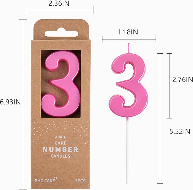 PHD CAKE 2.76 Inch Modern Pink 3 Number Birthday Candles, Pink Number Candles, Cake Number Candles, Party Celebration