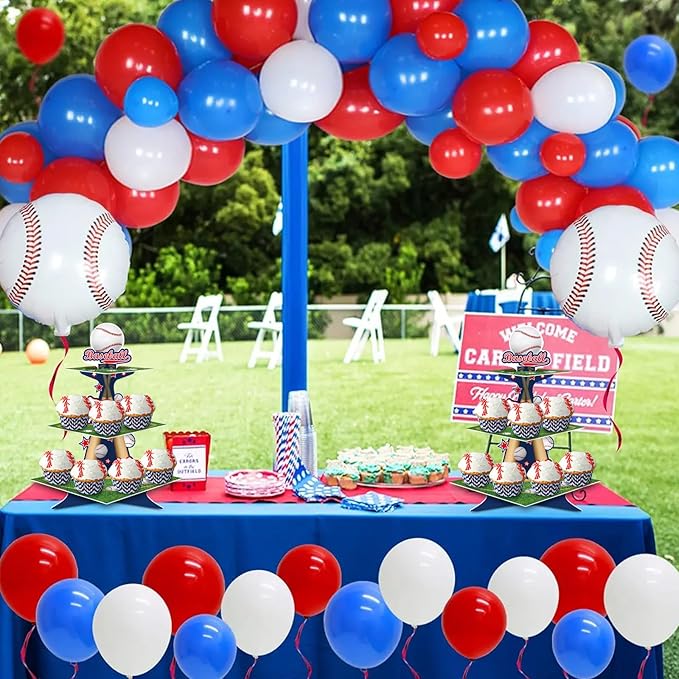 KALEFO 3 Tier Baseball Cupcake Stand Grand Slam Dessert Tower Sports Party Centerpiece for Baseball Birthday Team Celebration Cake Display Decorations Supplies