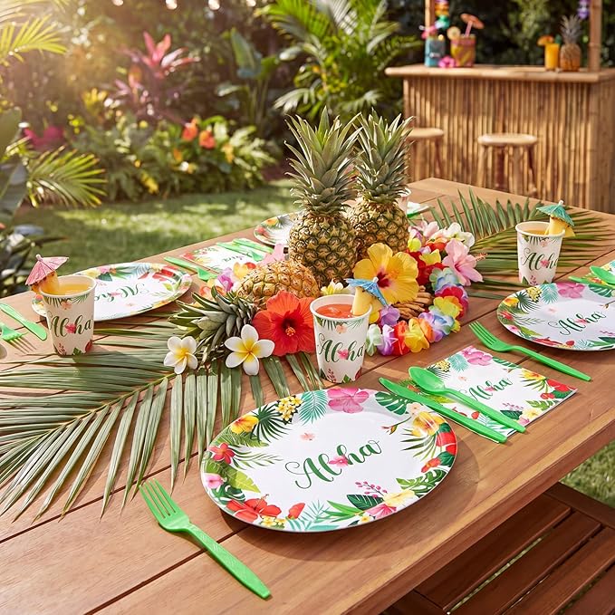 Pajean 350 Pcs Hawaiian Party Decorations 12 in Disposable Oval Tropical Luau Plates and Napkins Palm Leaf Aloha Heavy Duty Paper Tableware Set for 50 Guests Summer Pool and Beach Party Supplies