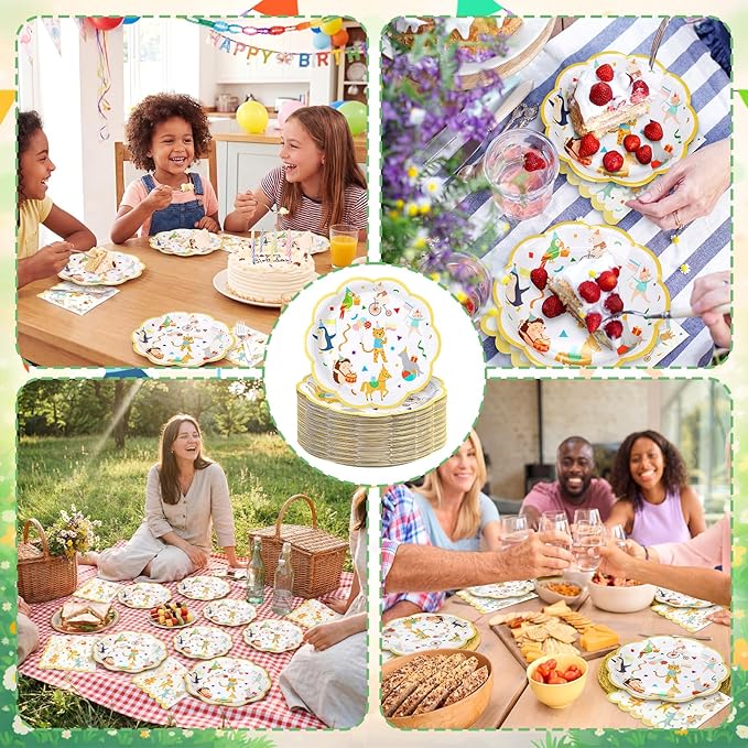 Yungyan 60 Pcs Animal Parade Party Plates Set Including 9 Inch and 7 Inch Disposable Paper Plates with Cute Disposable Napkin for Birthday Baby Shower Party Zoo Theme Fun to Be One Birthday Decoration