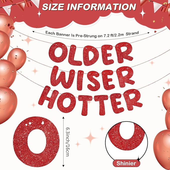 Fulmoon Set of 3 Pre Strung Older Wiser Hotter Glitter Banner Funny Birthday Banner for Women 30th 40th 50th 60th 70th 80th Birthday Party Decorations Sign Gift(Red)