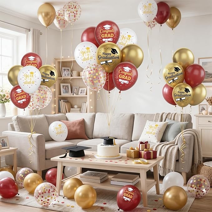 Burgundy and Gold Graduation Balloons Graduation Decorations 2026, 60Pcs Print Congrats Grad Balloons, Maroon Gold Confetti Latex Balloon, Class of 2026 Grad Party Decorations for College High School