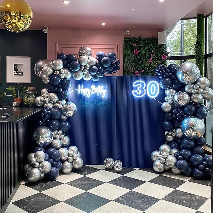Blue and Silver Balloons Arch Garland Kit, 134pcs Navy Blue and Silver Balloons with Different Size for Birthday Party Baby Shower Graduation Class of 2026 Prom Decorations