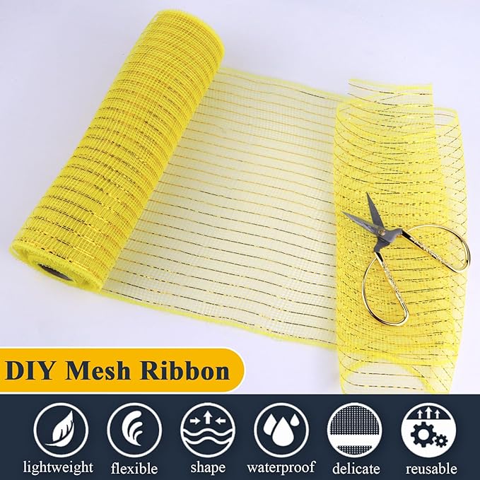 2 Pcs Yellow Deco Mesh Ribbon Rolls 10 Inch 10 Yards(30 ft) Decorative Mesh Fabric with Foil for Wreaths Christmas Tree Ribbon Door DIY Craft Halloween Decor Wedding Party Supplies (Yellow, 2Pcs)