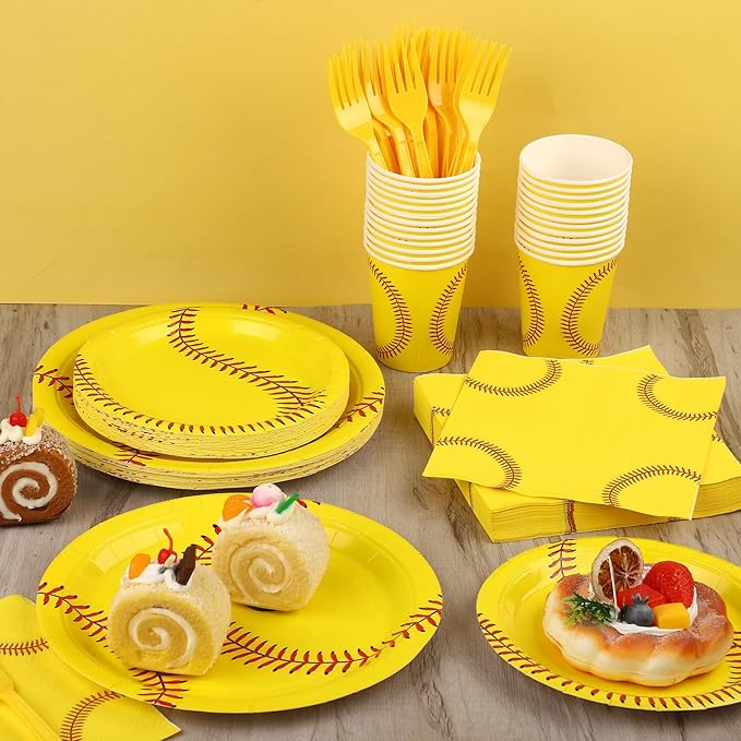 Kochorie 144 Pieces Softball Paper Plates and Napkins Sports Party Tableware Sets Including Disposable Paper Plates Napkins Cups Forks Serves 24 for Birthday Sports Softball Party Decorations