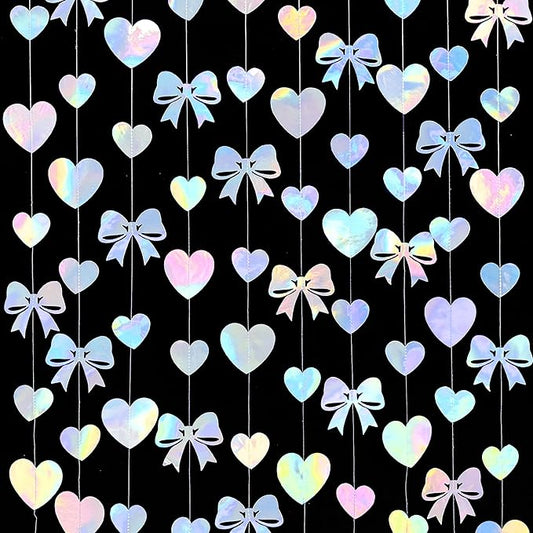 Iridescent Bow Decorations Holographic Paper Heart Bow Hanging Garland Streamer for Coquette Bachelorette Birthday Valentines Wedding Bridal Shower Engagement Anniversary Party Decorations Supplies