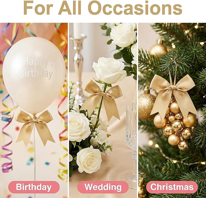 Gold Gift Wrap Bows – 100 Pcs 3.3 Inch Elegant Metallic Self Adhesive Bows for Wedding, Christmas, Corporate Events, Baby Shower, Birthday,Party Decorations (Includes 100 Adhesive)