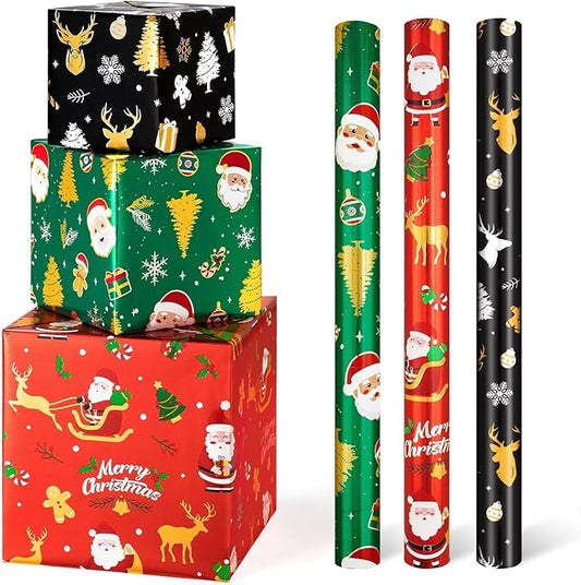 WERNNSAI Christmas Kids Wrapping Paper - 3 Rolls 17" x 120" Kids Christmas Foil Wrapping Paper Rolls Girls Boys Christmas Santa Wrapping Papers Christmas Birthday Gift Wrap Paper with Cutting Line