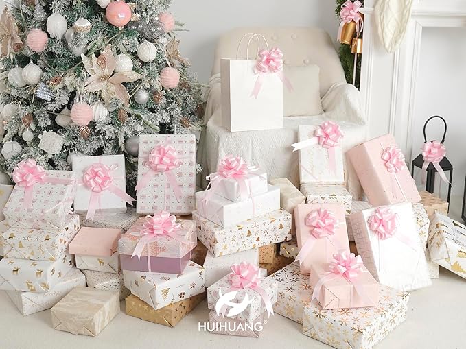 HUIHUANG Pink Pull Bows 12 PCS Light Pink Bow 4 inch Satin Gift Bows for Gift Wrapping, Presents, Gift Basket, Paper Bag, Baby Shower Favors, Wrapping Accessories, Wedding Christmas Decor