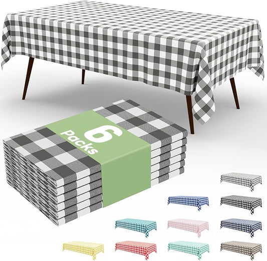 Smiry 6 Pack Grey Gingham Disposable Tablecloths - 54" x 108" Heavy Duty Plastic Table Cloth, Waterproof Buffalo Plaid Table Covers for Picnic, Banquets, Outdoor Parties