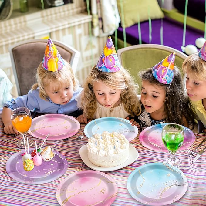 Lonfliness 48PCS Tie Dye Paper Plates 7inch Pink and Purple for Birthday, Mermaid Unicorn Party Decorations Tableware Kit - Baby Shower Wedding Supplies