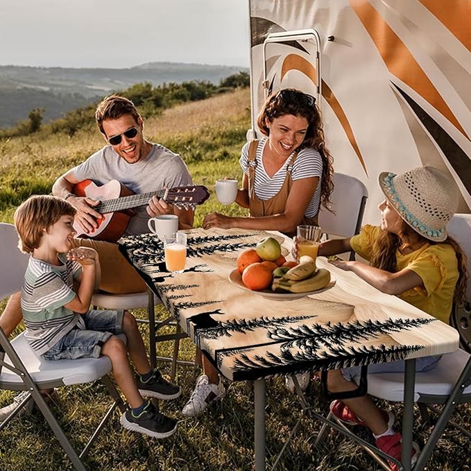 Picnic Table Cover with Bench Covers Camping Essentials Rustic Hunting Deer Forest Waterproof Windproof Camping Tablecloth Fitted Tablecloth Cover with Elastic Edge for Indoor Outdoor 3 PCS 30x72 Inch