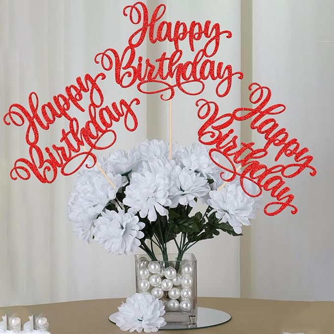 12 PCS Happy Birthday Centerpiece Sticks Double Sided Glitter Happy Birthday Table Flower Centerpieces Decorations for Celebrating Anniversary Theme Party Centerpieces Supplies Red