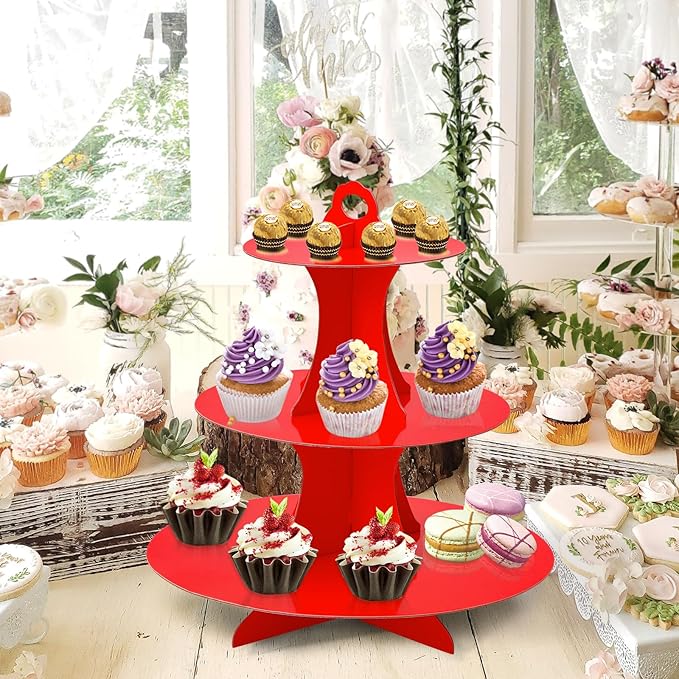 Soleebee 3-Tier Round Cupcake Stand, Cardboard Cupcake Tower, Dessert Cup Cake Stand Tower for Birthday Wedding Party Decoration, Cupcake Tier Stand 1 Set (Red)