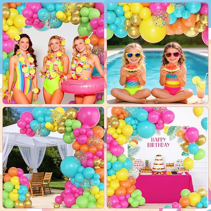 Amandir 153pcs Tropical Balloons Arch Garland Arch Kit, Different Sizes 18 12 10 5 inch Hot Pink Green Blue Latex Metallic Confetti Luau Balloons for Summer Beach Aloha Hawaiian Pool Party Decoration
