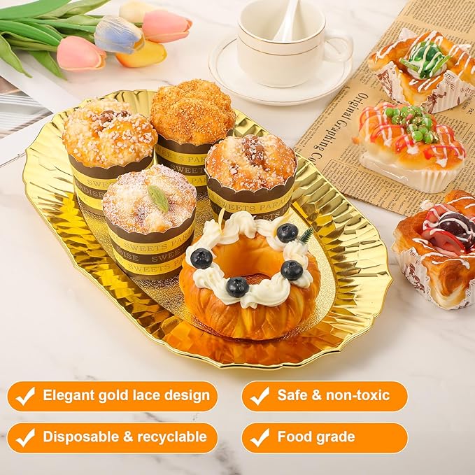 6 Pcs Gold Plastic Serving Trays Reusable Party Platters for Desserts, Snacks, Charcuterie, Cupcakes, Elegant Decorative Food Display, 14" x 8.5"