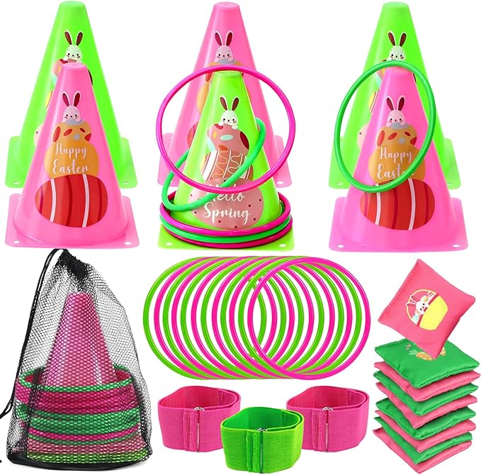 4 in 1 Easter Outdoor Games for Kids and Family, Easter Party Game with Ring Toss, Plastic Cones, Bean Bags, 3-Legged Race Bands, Carnival Spring Games Activities Combo Set for Adult Yard Classroom