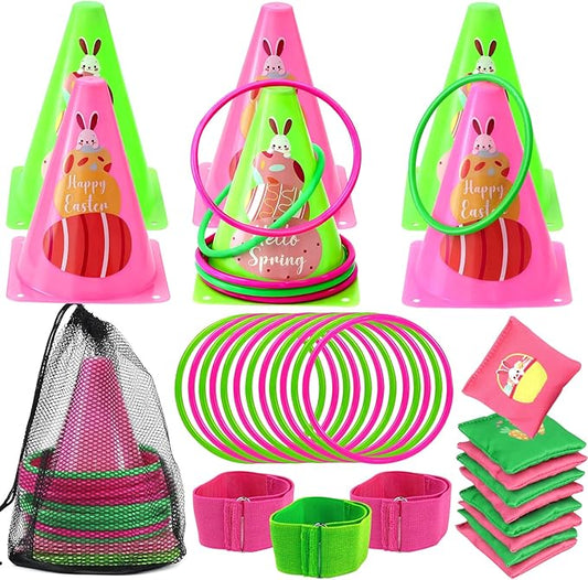 4 in 1 Easter Outdoor Games for Kids and Family, Easter Party Game with Ring Toss, Plastic Cones, Bean Bags, 3-Legged Race Bands, Carnival Spring Games Activities Combo Set for Adult Yard Classroom
