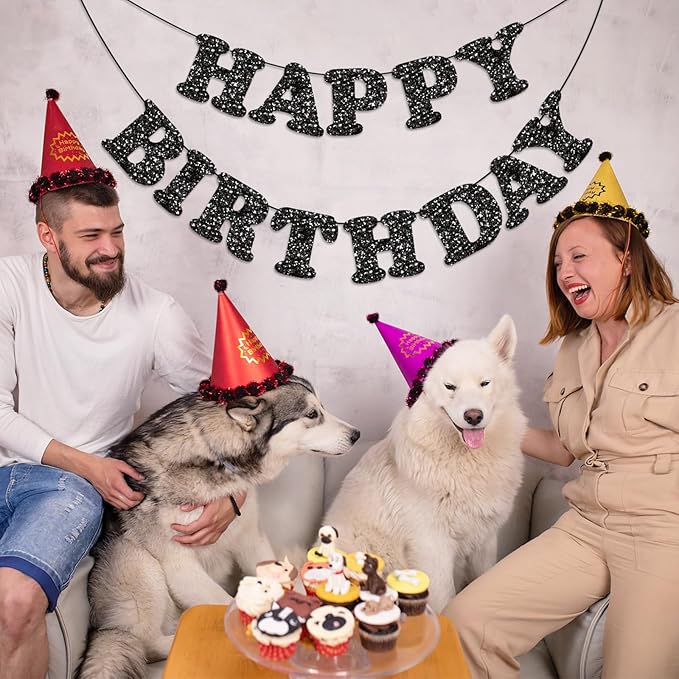 Black Happy Birthday Banner Birthday Party Decorations Happy Birthday Banner Bunting Garland Sign for Kids Boys Girls Adults Birthday Baby Shower Celebration Party Backdrops Supplies
