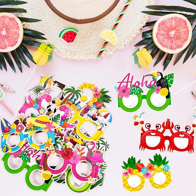 Moon Boat 60Pcs Hawaiian Luau Paper Glasses for Adults Bulk, Summer Beach Party Photo Props Hawaii Tiki Tropical Pool Sunglasses Decorations Supplies
