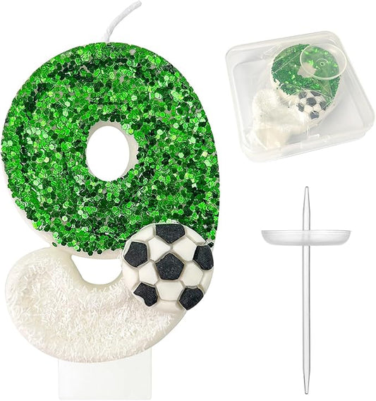 Birthday Candles，Soccer Birthday Decorations，Soccer Cake Topper,for Girl and boy Cake Toppers, Wedding Cakes, Anniversaries, Party Celebrations, Birthday Decorations (Green White, Number 9)