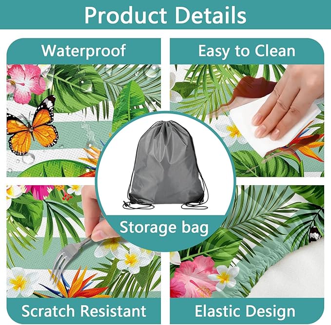Picnic Table Cover with Bench Covers, Camping Essentials Hawaiian Luau Tropical Palm Leaves Flower Butterfly Waterproof Windproof Fitted Tablecloth Cover with Elastic Edge for Outdoor 3 PCS 30x96 Inch