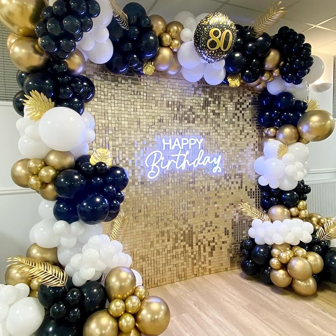 COKAOBE Black and Gold Balloon Garland Arch Kit, 124pcs Black White Metallic Gold Confetti Latex Balloons for New Year Graduation Birthday Anniversary Wedding Engagements Retirement Party Decorations